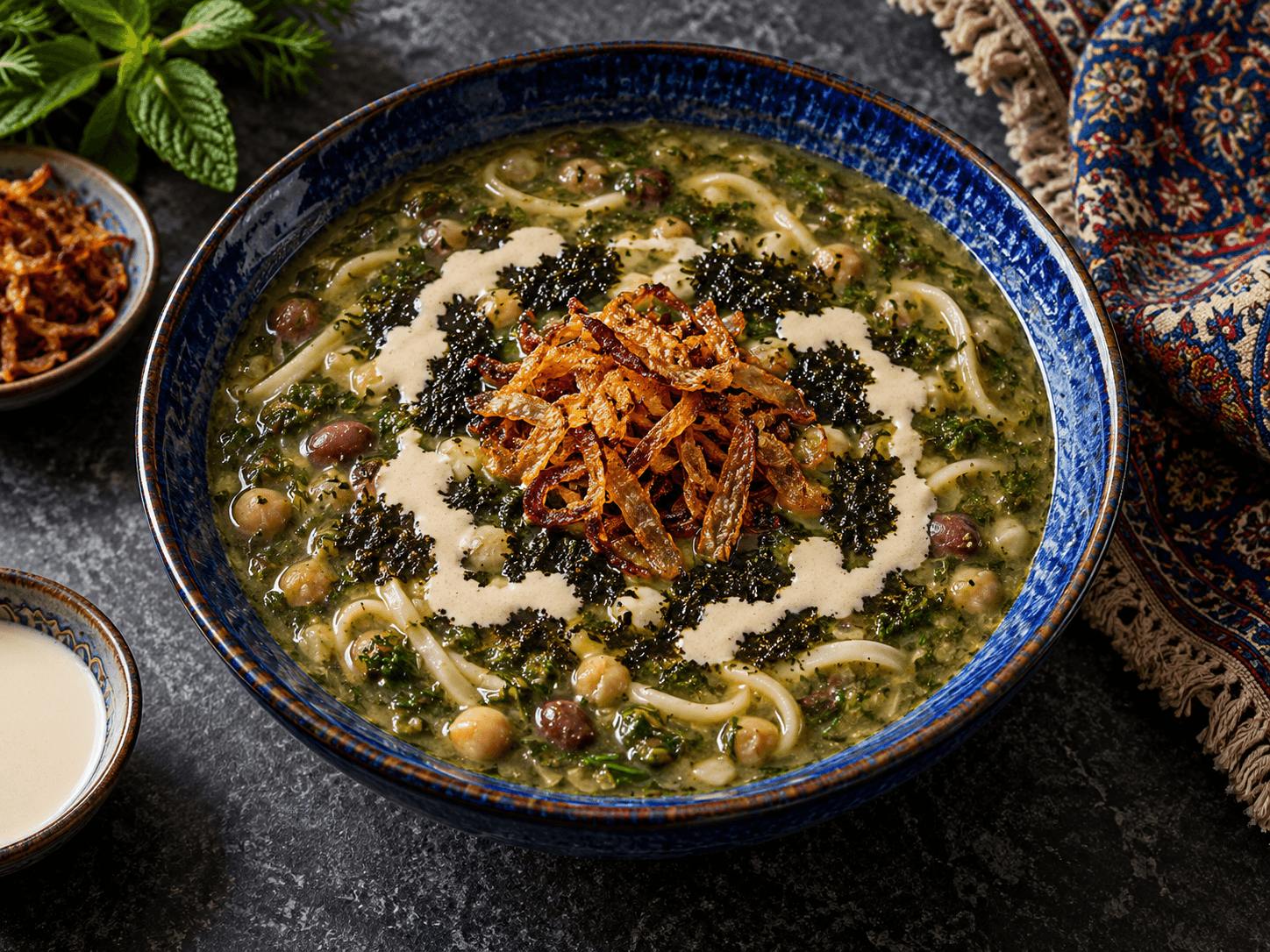 Illustrative bowl of Persian ash reshteh with herbs and fried onions